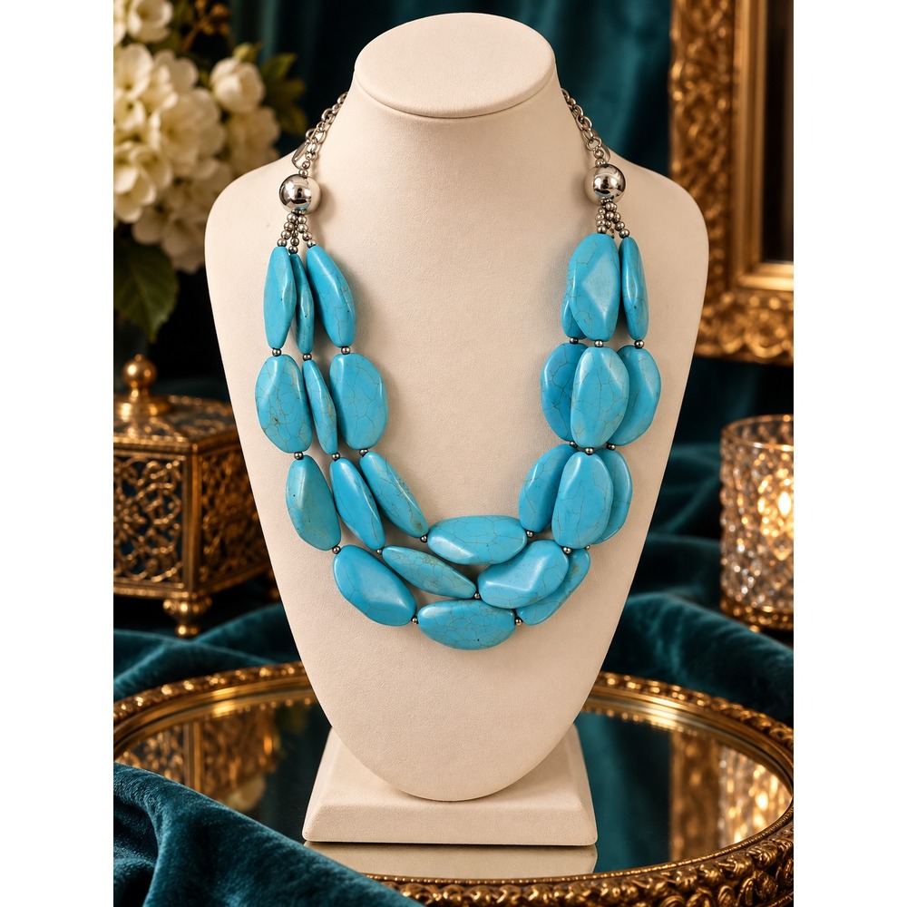 Chunky Multi Strand Turquoise Howlite Bib Statement Necklace Silver Tone